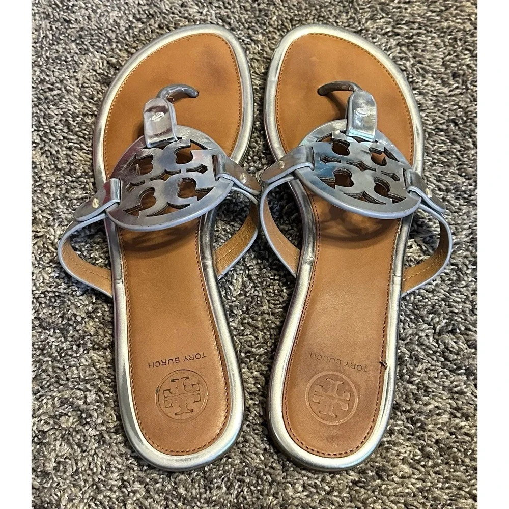 Tory Burch Miller Metallic Silver Leather Sandals - Approx size 7 (10" long) - Picture 9 of 14